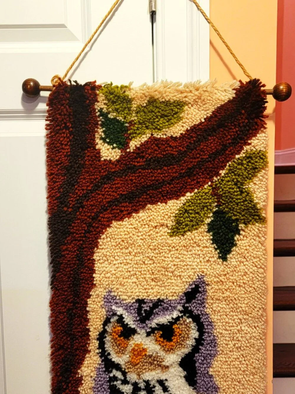 1970s Retro Big Gray Owl Resting on a Tree Hand Made Hook & Latch Wall Hanging